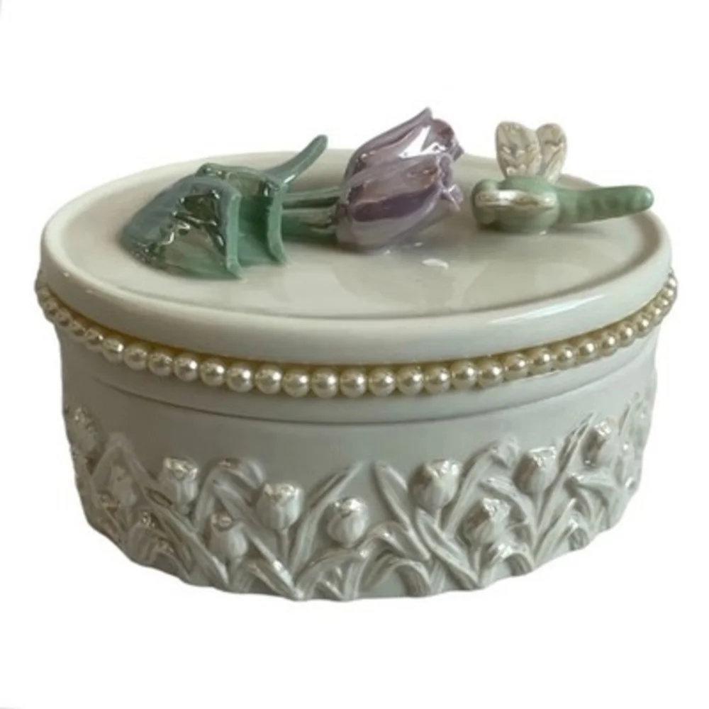 Vintage Lenox 3D Floral Jewelry Trinket Box Nacreous Porcelain Dragonfly 3.75